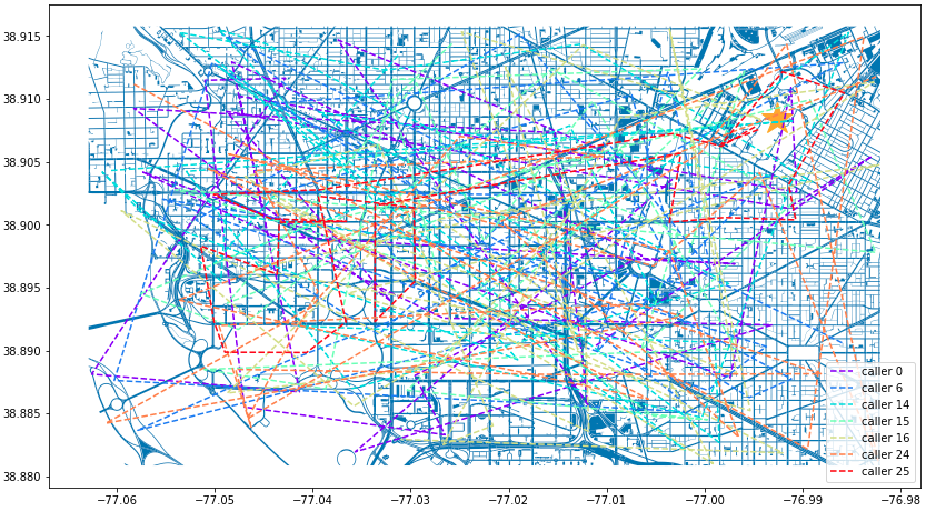 DC Street Map with Calls Filtered by Time